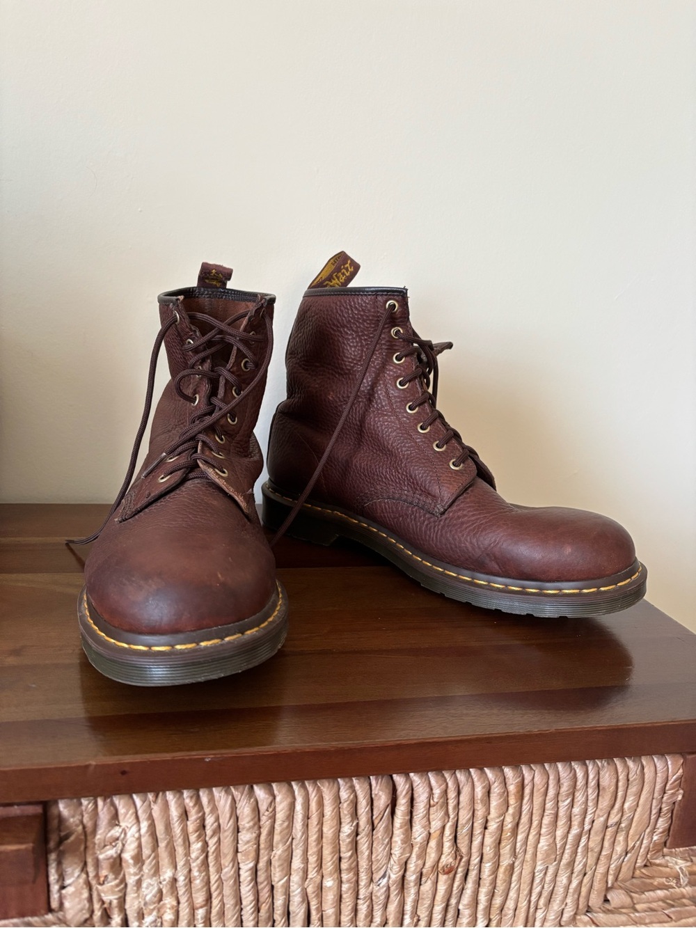 Dr. Martens Brown Leather 8-Eye Lace-Up Boots with Yellow Stitching
